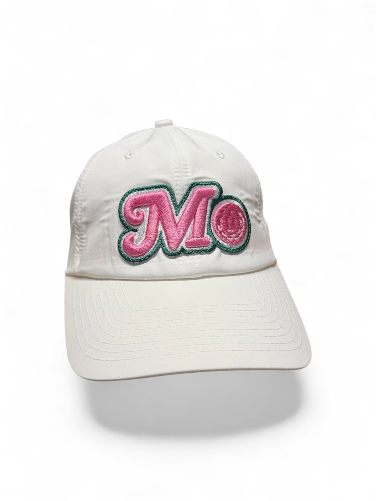 WHITE POLYESTER BUCKLE STRAP HAT - PINK/GREEN LOGO
