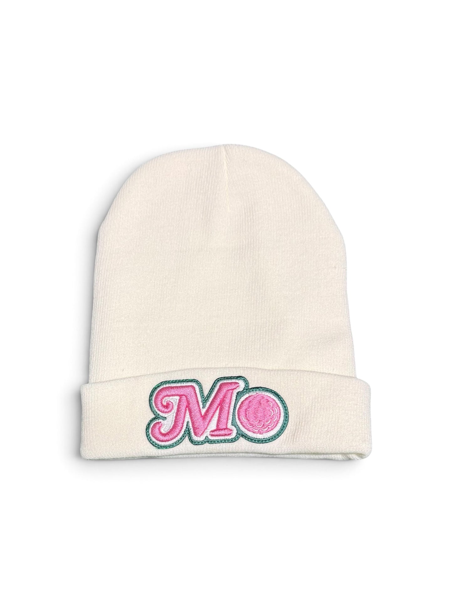 WHITE BEANIE - PINK/GREEN LOGO