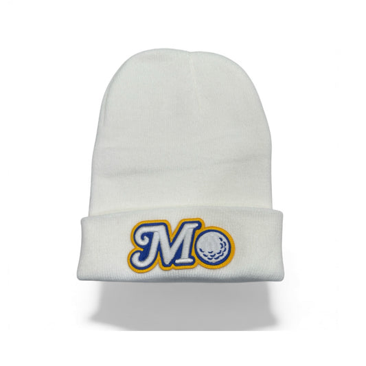 WHITE BEANIE - BLUE/YELLOW LOGO