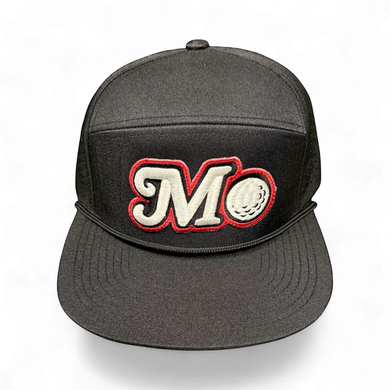 BLACK SPLIT FRONT GOLF HAT RED, BLACK, WHITE LOGO