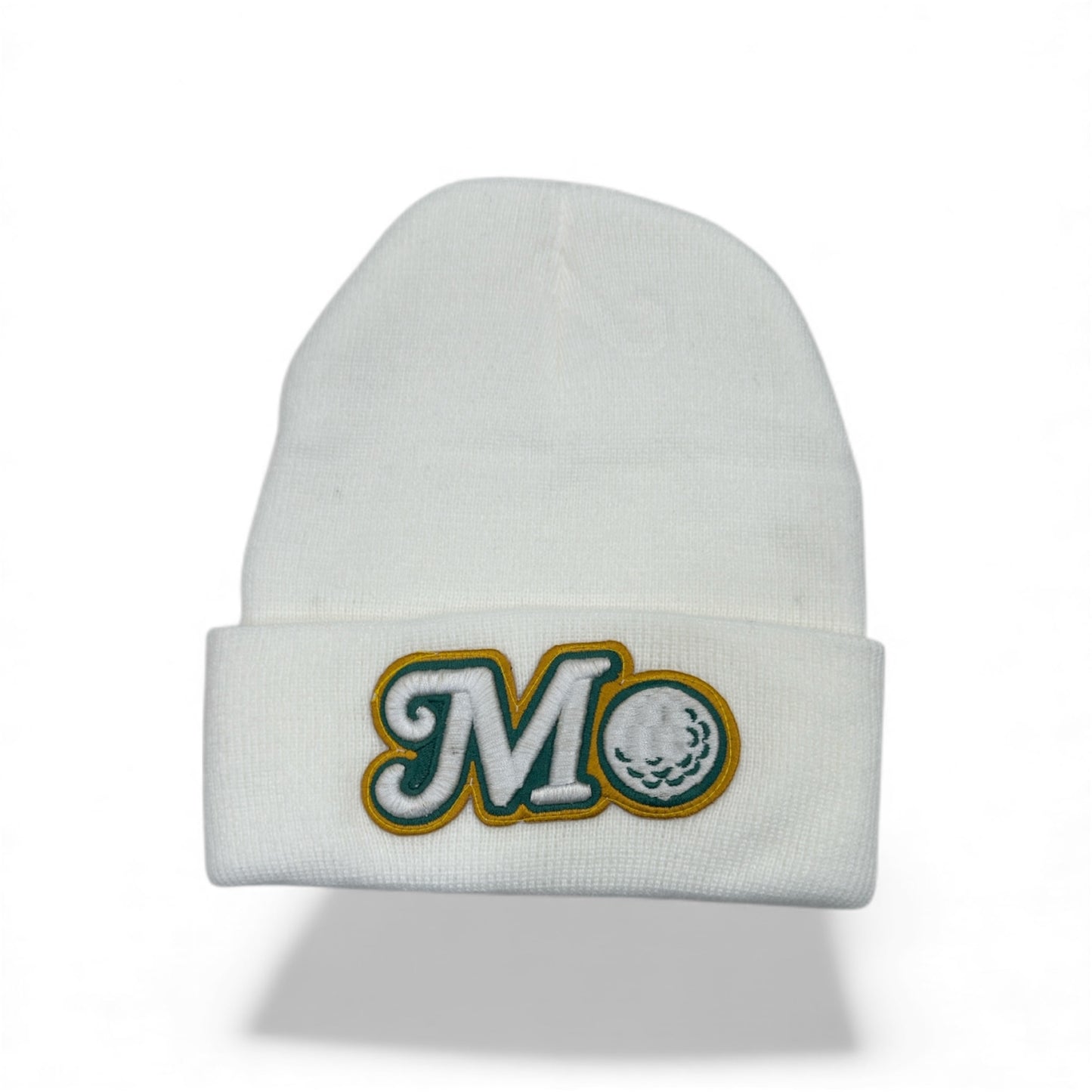 WHITE BEANIE - GREEN AND GOLD LOGO