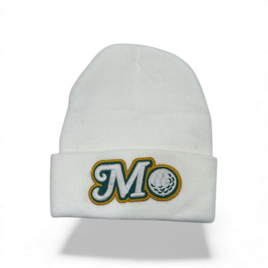 WHITE BEANIE - GREEN AND GOLD LOGO