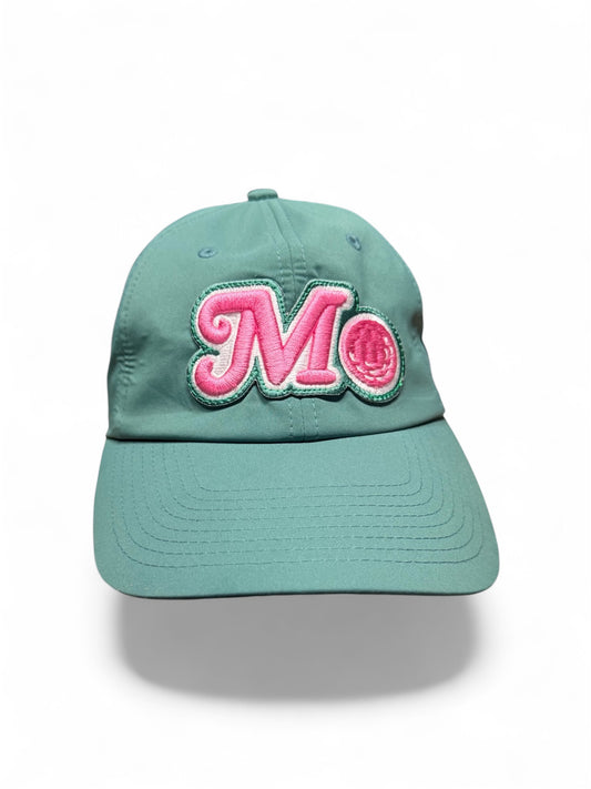GREEN POLYESTER BUCKLE STRAP HAT - PINK/GREEN LOGO