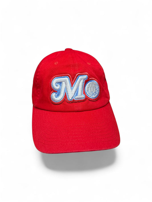 RED BUCKLE STRAP HAT - RED, BABY BLUE & WHITE LOGO
