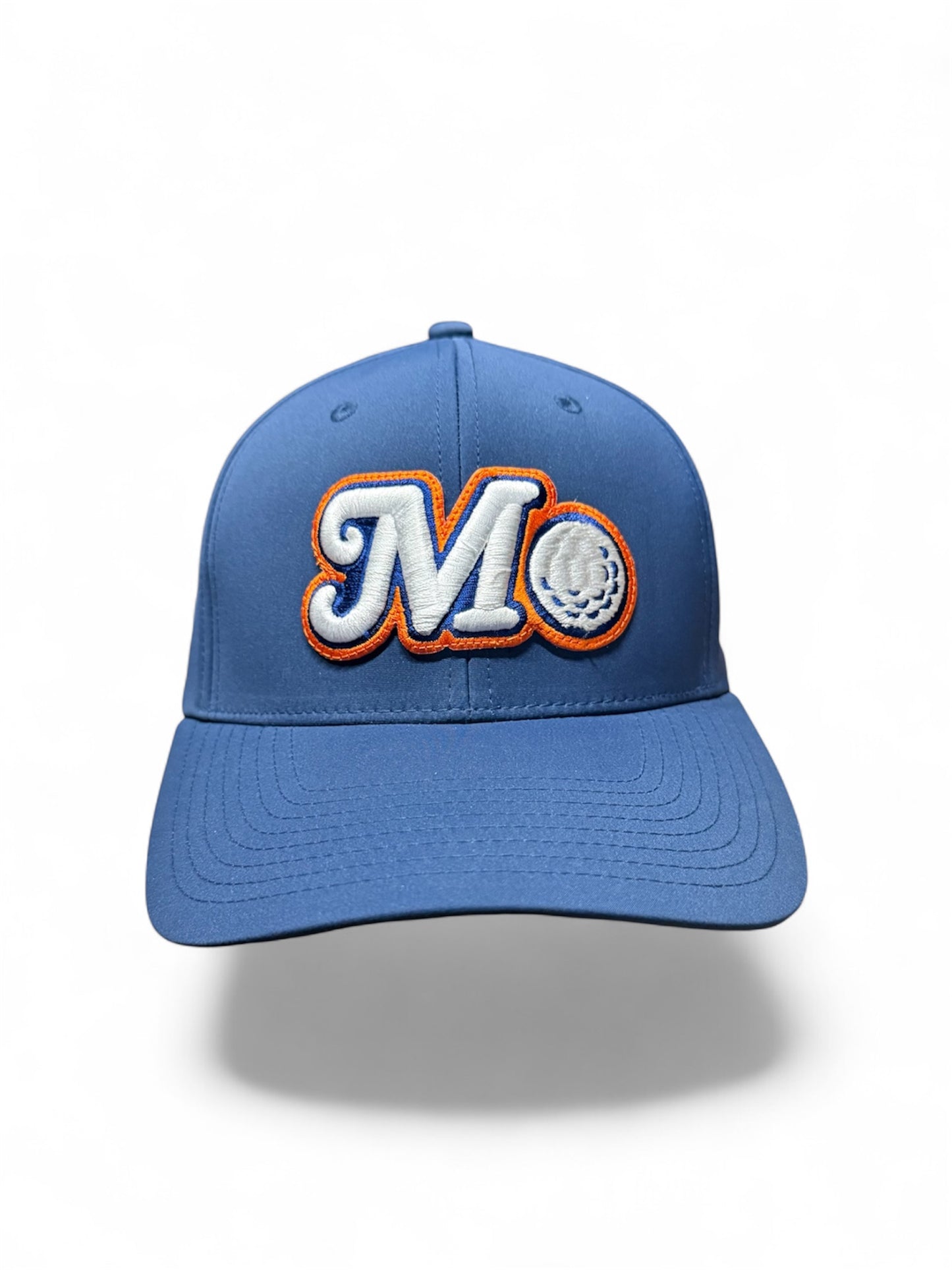 BLUE 6-PANEL HYDRO PERFORATED GOLF HAT - ORANGE, BLUE & WHITE LOGO