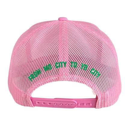 Pink Mesh Hat - Green Lettering